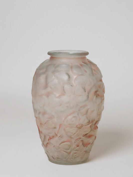 Art Deco Czech Pink Pressed Glass Vase with Cherry Blossoms Barolac, 1930s