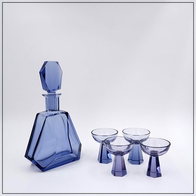 Art Deco Czechian Blue Cut Crystal Cocktail Set, 1930, Set of 5-NYF-2019133