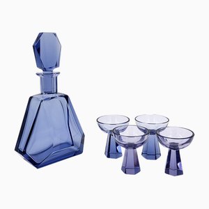 Art Deco Czechian Blue Cut Crystal Cocktail Set, 1930, Set of 5-NYF-2019133