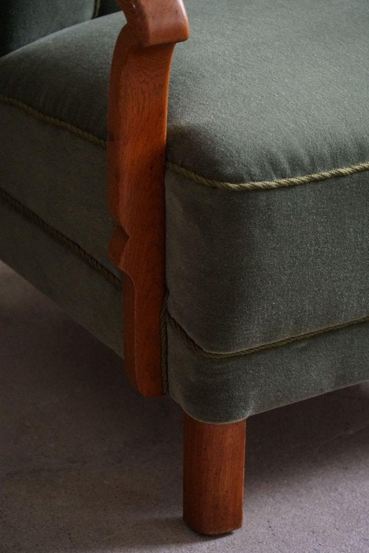 Art Deco Danish Armchairs in Oak & Green Mohair, 1930s, Set of 3