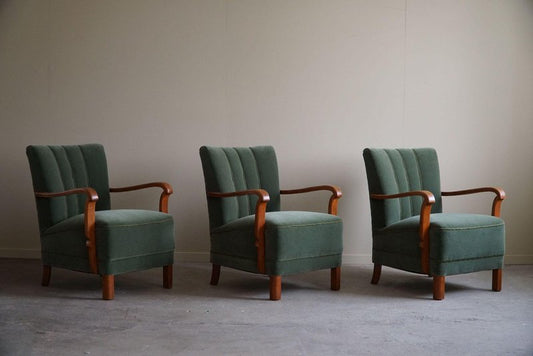 Art Deco Danish Armchairs in Oak & Green Mohair, 1930s, Set of 3