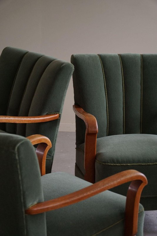 Art Deco Danish Armchairs in Oak & Green Mohair, 1930s, Set of 3