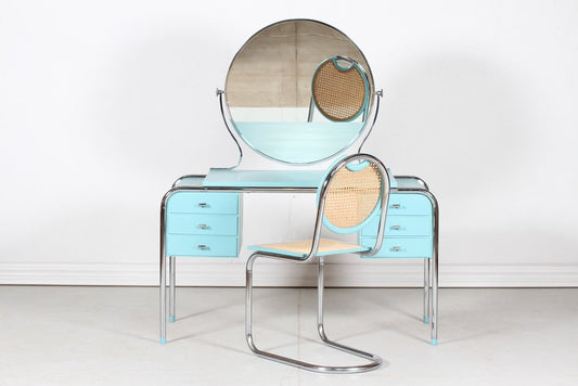 Art Deco Danish Dressing Table with Round Mirror and Chair, 1930s, Set of 2