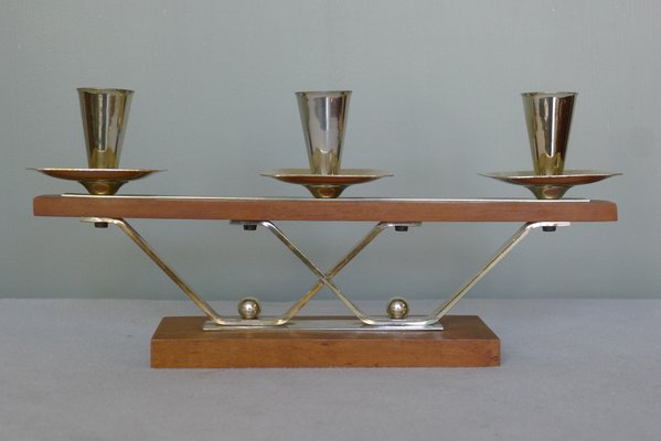 Art Deco Danish Silver & Teak Candle Holder with 3 Flames, 1960s-VRE-834099