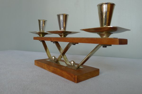 Art Deco Danish Silver & Teak Candle Holder with 3 Flames, 1960s-VRE-834099