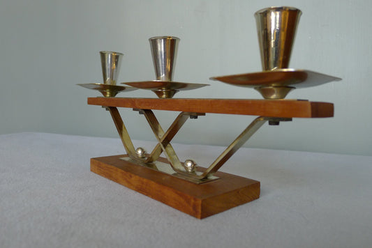 Art Deco Danish Silver & Teak Candle Holder with 3 Flames, 1960s