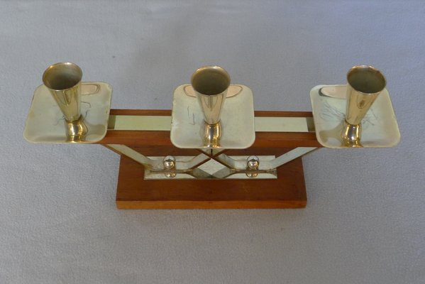 Art Deco Danish Silver & Teak Candle Holder with 3 Flames, 1960s-VRE-834099