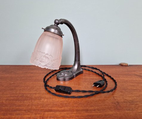 Art Deco Desk Lamp in Metal and Pink Satin Glass, 1920s-FAX-2021155