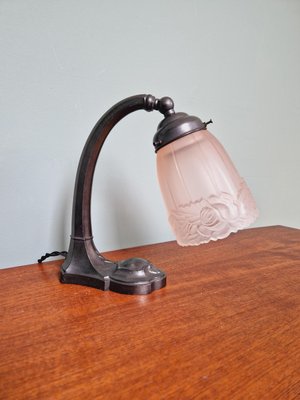 Art Deco Desk Lamp in Metal and Pink Satin Glass, 1920s-FAX-2021155