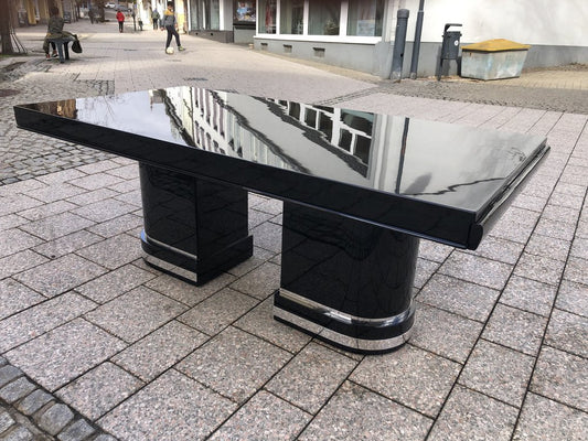 Art Deco Desk or Dining Table in Piano Lacquer & Chrome, France, 1930s