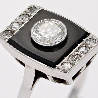 Art Deco Diamond Onyx Platinum Ring, 1930s-OLU-2042371