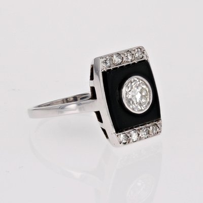 Art Deco Diamond Onyx Platinum Ring, 1930s-OLU-2042371