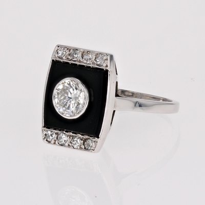 Art Deco Diamond Onyx Platinum Ring, 1930s-OLU-2042371