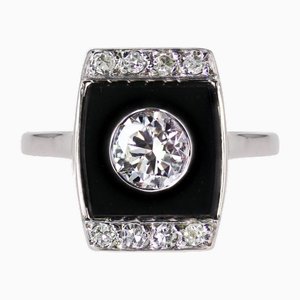 Art Deco Diamond Onyx Platinum Ring, 1930s-OLU-2042371