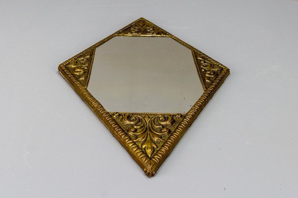 Art Deco Diamond-Shaped Brass Frame Wall Mirror, 1920s-KEG-1680082