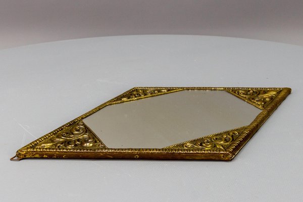 Art Deco Diamond-Shaped Brass Frame Wall Mirror, 1920s-KEG-1680082