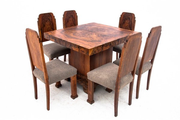 Art Deco Dining Table and Chairs, Poland, 1940s, Set of 7-BXB-1784129