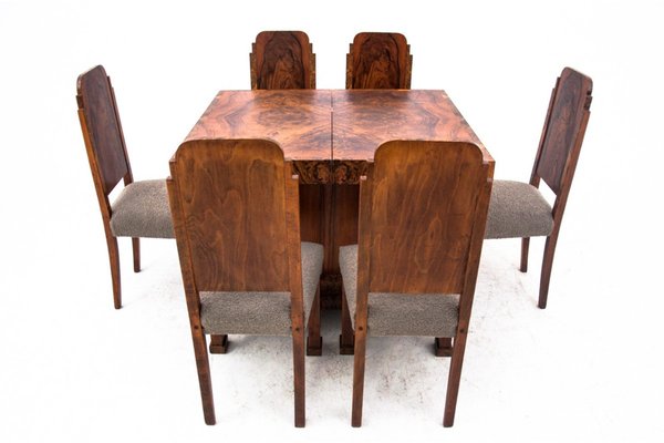 Art Deco Dining Table and Chairs, Poland, 1940s, Set of 7-BXB-1784129