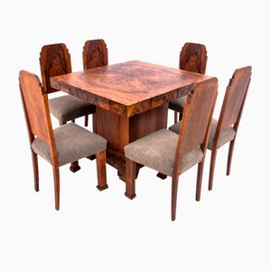 Art Deco Dining Table and Chairs, Poland, 1940s, Set of 7-BXB-1784129