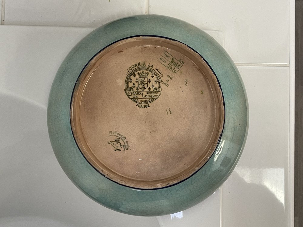 Art Deco Earthenware Bowl with Polychrome Enamel Flowers from Longwy, 1930s