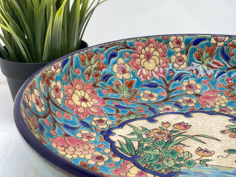 Art Deco Earthenware Bowl with Polychrome Enamel Flowers from Longwy, 1930s