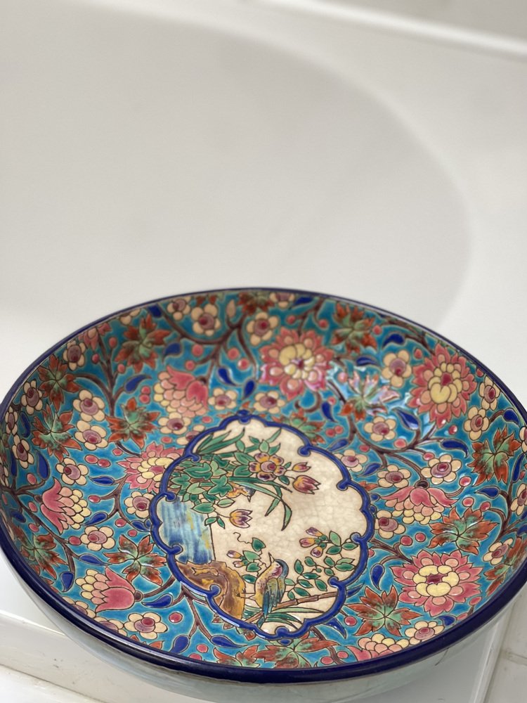 Art Deco Earthenware Bowl with Polychrome Enamel Flowers from Longwy, 1930s