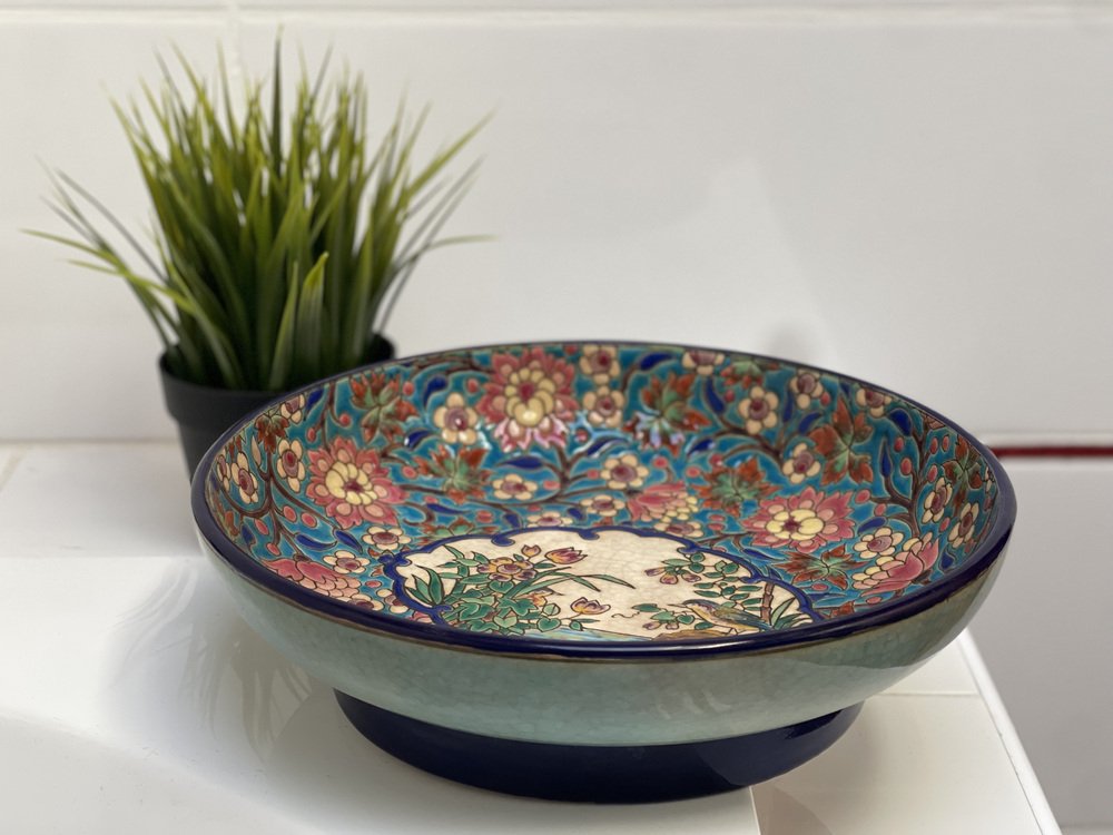 Art Deco Earthenware Bowl with Polychrome Enamel Flowers from Longwy, 1930s