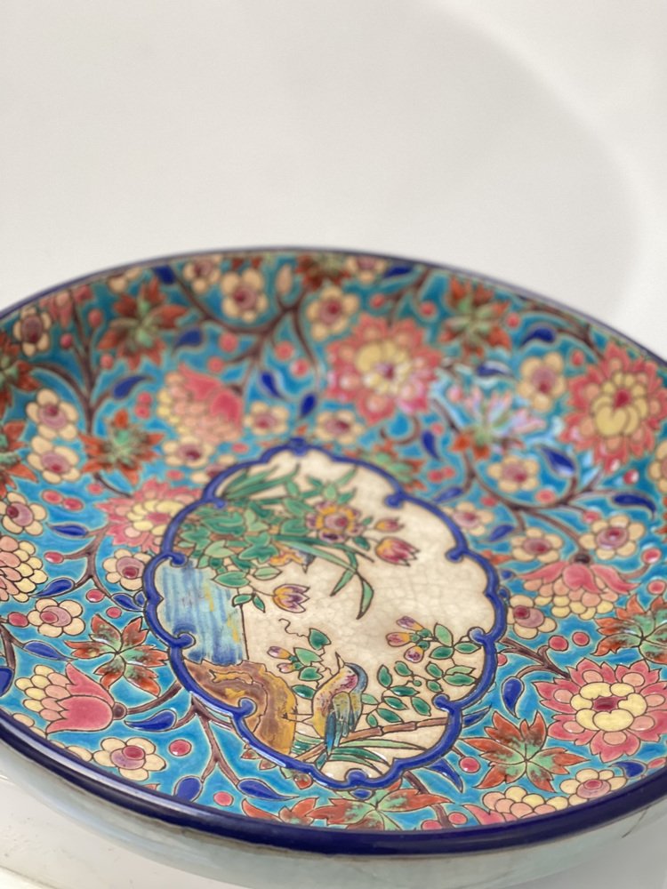 Art Deco Earthenware Bowl with Polychrome Enamel Flowers from Longwy, 1930s