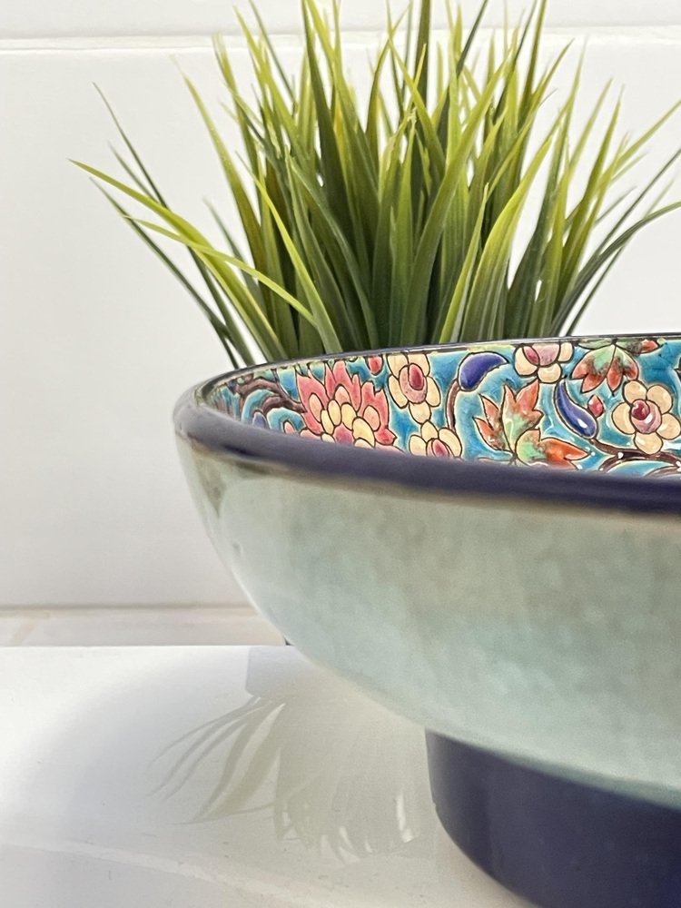 Art Deco Earthenware Bowl with Polychrome Enamel Flowers from Longwy, 1930s