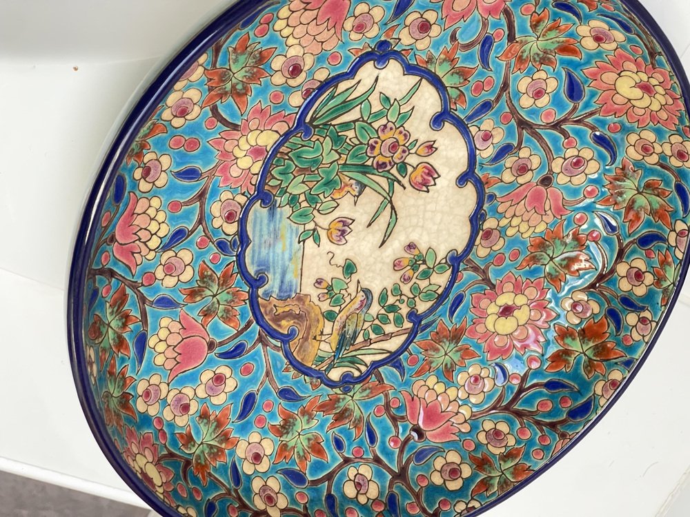 Art Deco Earthenware Bowl with Polychrome Enamel Flowers from Longwy, 1930s