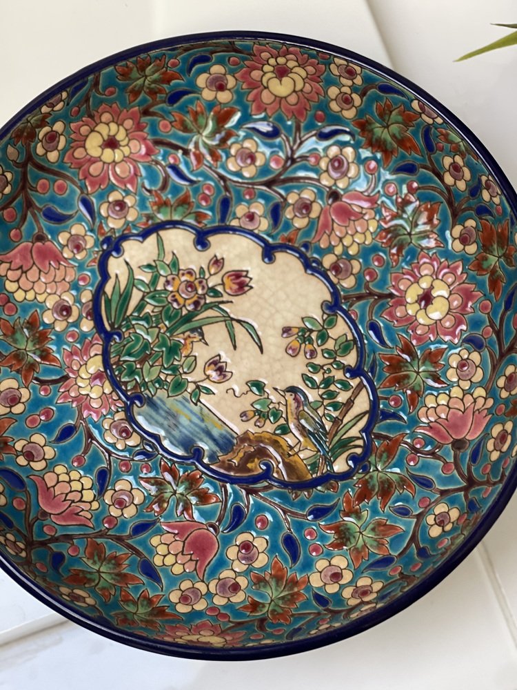 Art Deco Earthenware Bowl with Polychrome Enamel Flowers from Longwy, 1930s