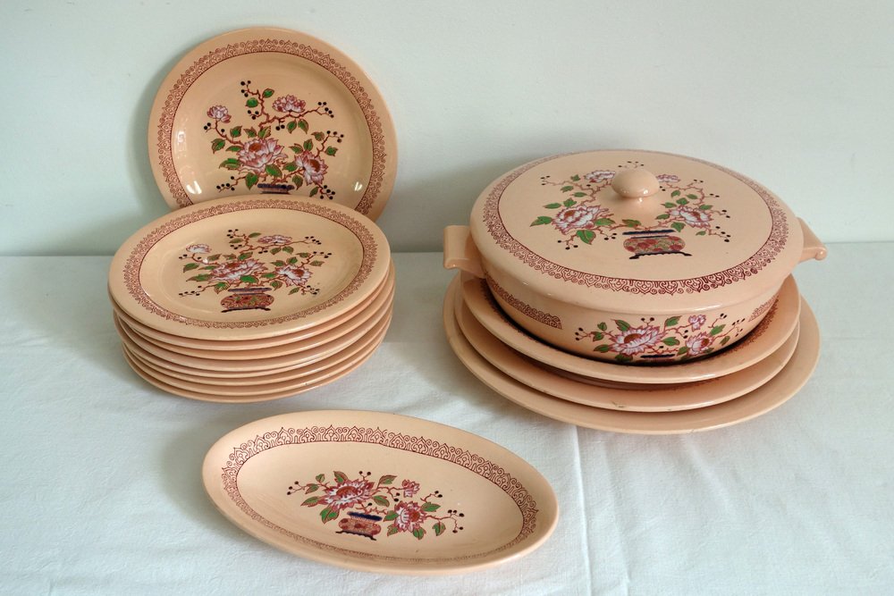 Art Deco Earthenware Service with Beijing Model Enamals, Longwy, 1930s, Set of 14