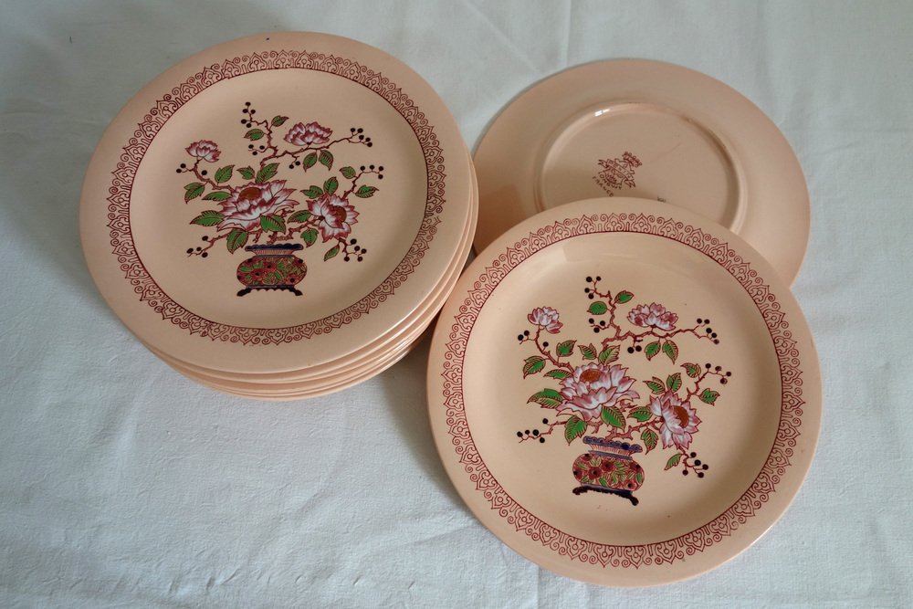 Art Deco Earthenware Service with Beijing Model Enamals, Longwy, 1930s, Set of 14