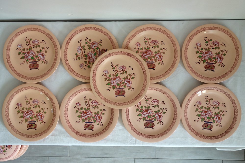 Art Deco Earthenware Service with Beijing Model Enamals, Longwy, 1930s, Set of 14