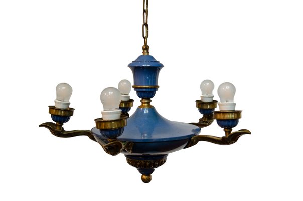 Art-Deco Enamel Blue and Brass Chandelier by Emile Jacob, 1920s-LWW-1437905