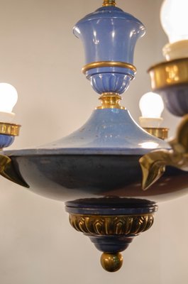 Art-Deco Enamel Blue and Brass Chandelier by Emile Jacob, 1920s-LWW-1437905