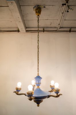 Art-Deco Enamel Blue and Brass Chandelier by Emile Jacob, 1920s-LWW-1437905