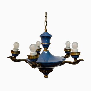 Art-Deco Enamel Blue and Brass Chandelier by Emile Jacob, 1920s-LWW-1437905