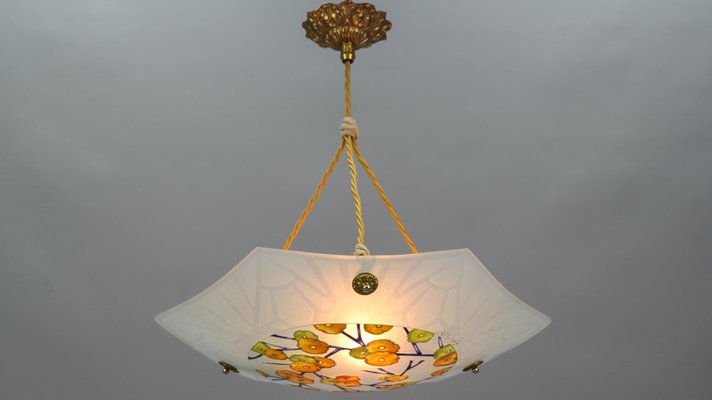 Art Deco Enameled and Frosted Glass Pendant Light from Loys Lucha, 1930s-KEG-1181923