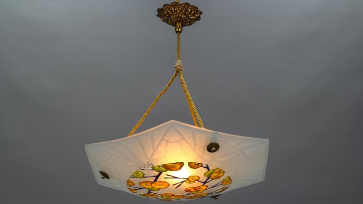 Art Deco Enameled and Frosted Glass Pendant Light from Loys Lucha, 1930s-KEG-1181923