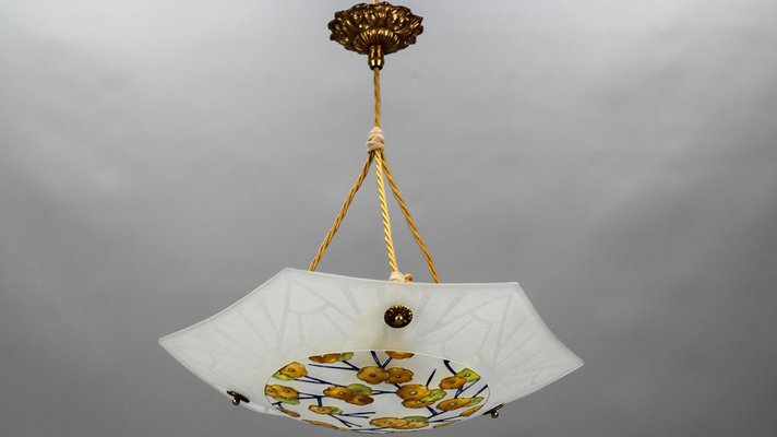 Art Deco Enameled and Frosted Glass Pendant Light from Loys Lucha, 1930s-KEG-1181923