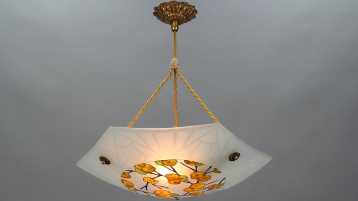 Art Deco Enameled and Frosted Glass Pendant Light from Loys Lucha, 1930s-KEG-1181923