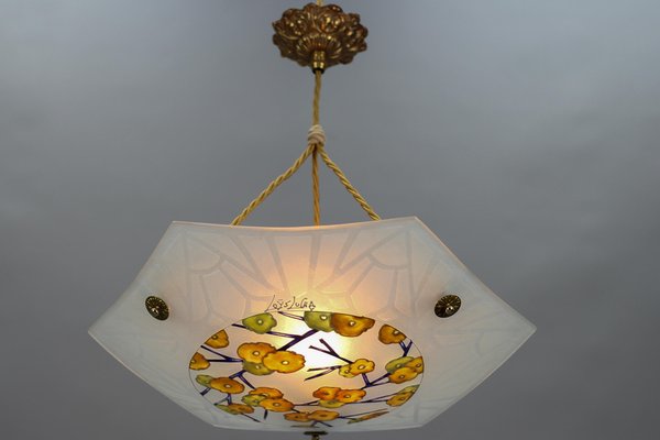 Art Deco Enameled and Frosted Glass Pendant Light from Loys Lucha, 1930s-KEG-1181923