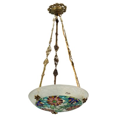 Art Deco Enameled Floral Glass and Bronze Pendant Light from Loys Lucha, 1930s-KEG-1154495