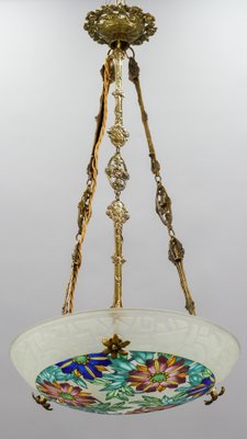 Art Deco Enameled Floral Glass and Bronze Pendant Light from Loys Lucha, 1930s-KEG-1154495