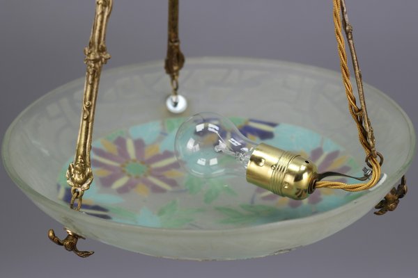 Art Deco Enameled Floral Glass and Bronze Pendant Light from Loys Lucha, 1930s-KEG-1154495