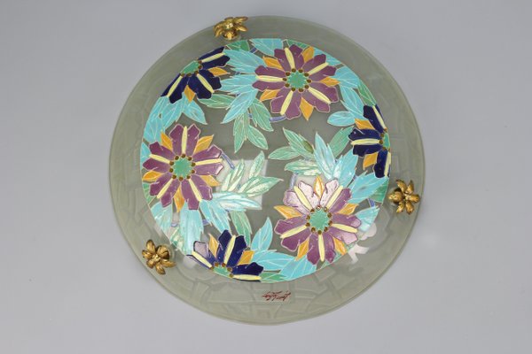 Art Deco Enameled Floral Glass and Bronze Pendant Light from Loys Lucha, 1930s-KEG-1154495