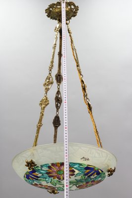 Art Deco Enameled Floral Glass and Bronze Pendant Light from Loys Lucha, 1930s-KEG-1154495