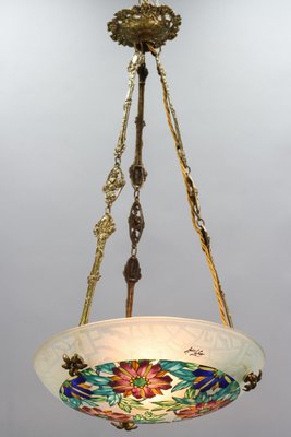 Art Deco Enameled Floral Glass and Bronze Pendant Light from Loys Lucha, 1930s-KEG-1154495