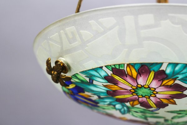 Art Deco Enameled Floral Glass and Bronze Pendant Light from Loys Lucha, 1930s-KEG-1154495